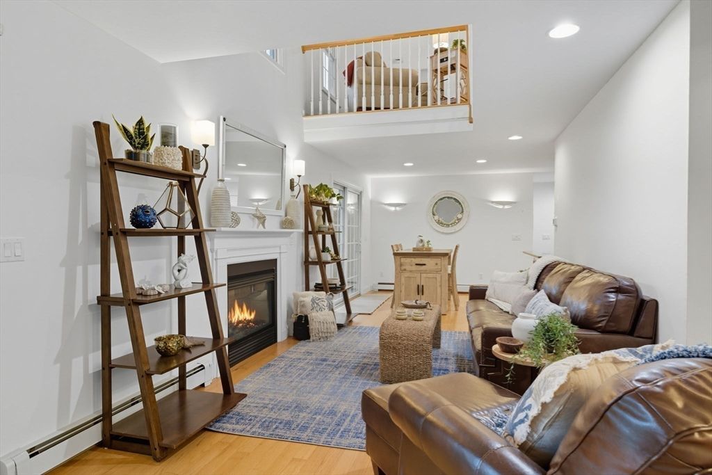 Fireplace, Interior, Living room, Recessed Lighting, Wood Texture Flooring