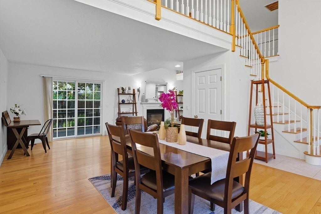 Dining room, Fireplace, Interior, Wood Texture Flooring