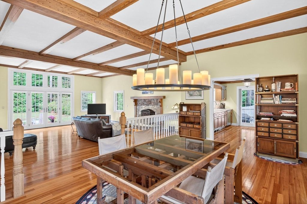 Dining room, Fireplace, Interior, Living room, Pendant Lights, Wooden Beams, Wood Texture Flooring