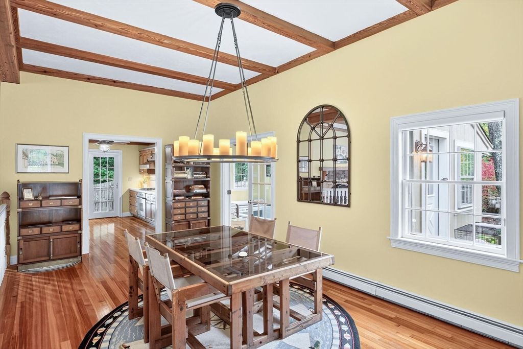 Chandelier, Dining room, Interior, Wooden Beams, Wood Texture Flooring