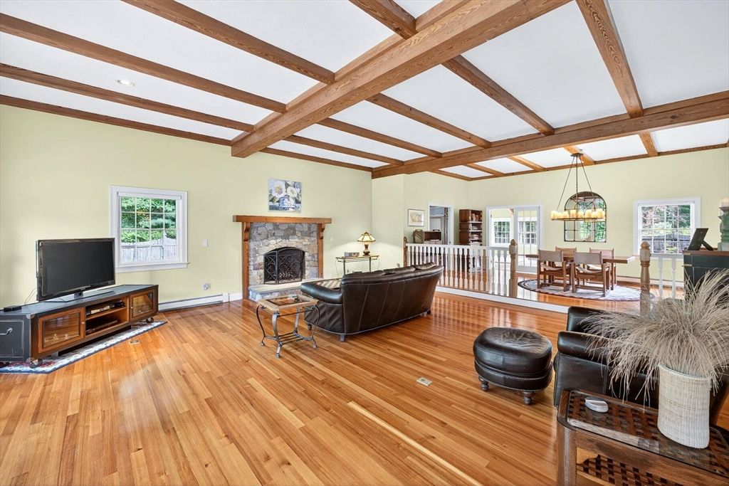 Dining room, Fireplace, Interior, Living room, Pendant Lights, Recessed Lighting, Wooden Beams, Wood Texture Flooring