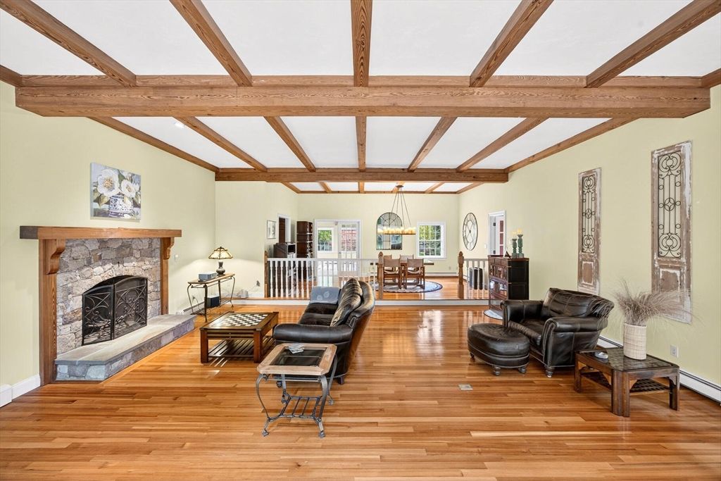 Dining room, Fireplace, Interior, Living room, Pendant Lights, Wooden Beams, Wood Texture Flooring