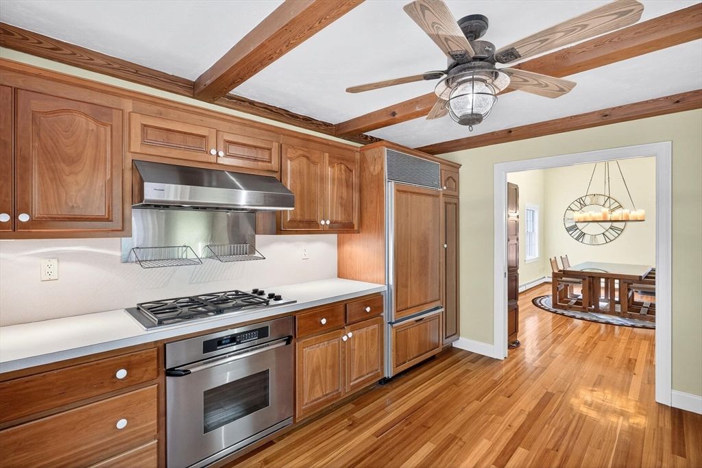 Chandelier, Interior, Kitchen, Stainless Steel Appliances, Wooden Beams, Wood Texture Flooring