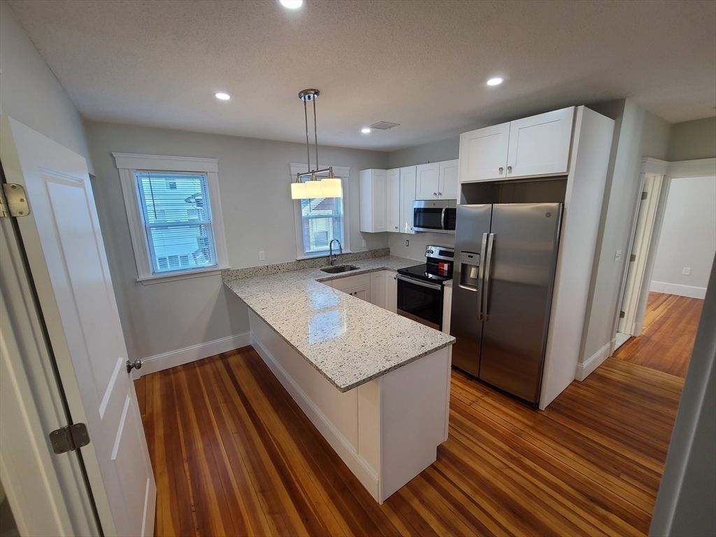 Interior, Kitchen, Pendant Lights, Recessed Lighting, Stainless Steel Appliances, Wood Texture Flooring
