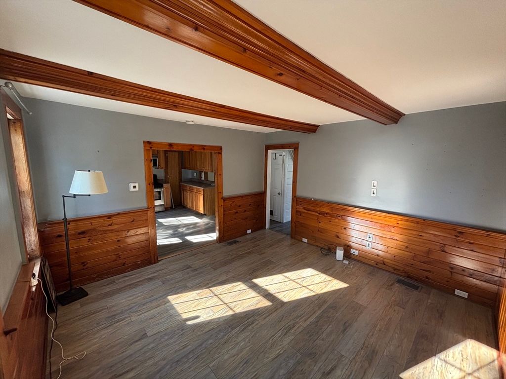 Empty room, Interior, Stainless Steel Appliances, Wooden Beams, Wood Texture Flooring, Wooden Walls