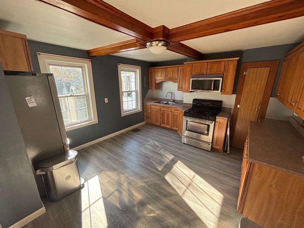 Interior, Kitchen, Stainless Steel Appliances, Wooden Beams, Wood Texture Flooring