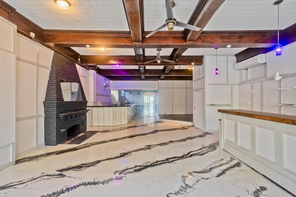 Fireplace, Interior, Pendant Lights, Wooden Beams