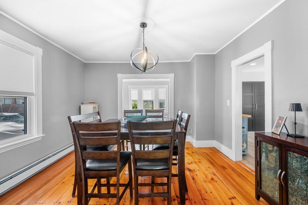 Dining room, Interior, Pendant Lights, Wood Texture Flooring