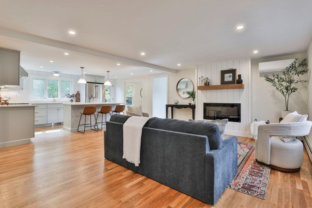 Fireplace, Interior, Kitchen, Living room, Pendant Lights, Recessed Lighting, Wood Texture Flooring