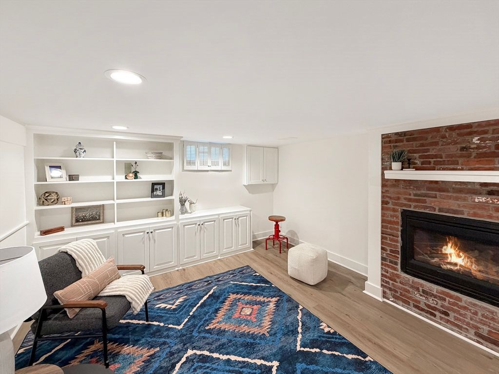 Fireplace, Interior, Recessed Lighting, Stone Walls, Wood Texture Flooring