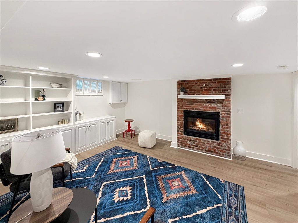 Fireplace, Interior, Recessed Lighting, Stone Walls, Wood Texture Flooring