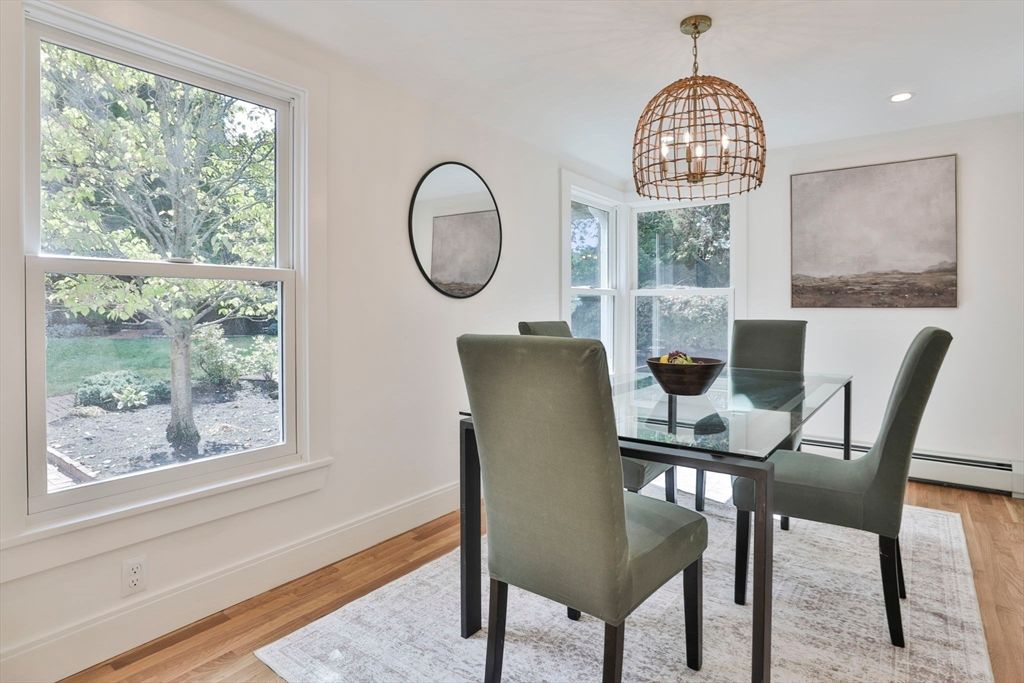 Dining room, Interior, Pendant Lights, Recessed Lighting, Wood Texture Flooring