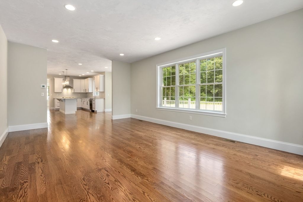 Empty room, Interior, Kitchen, Pendant Lights, Recessed Lighting, Wood Texture Flooring