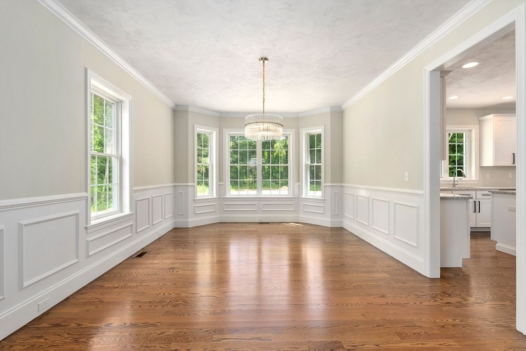 Chandelier, Empty room, Interior, Kitchen, Recessed Lighting, Wood Texture Flooring