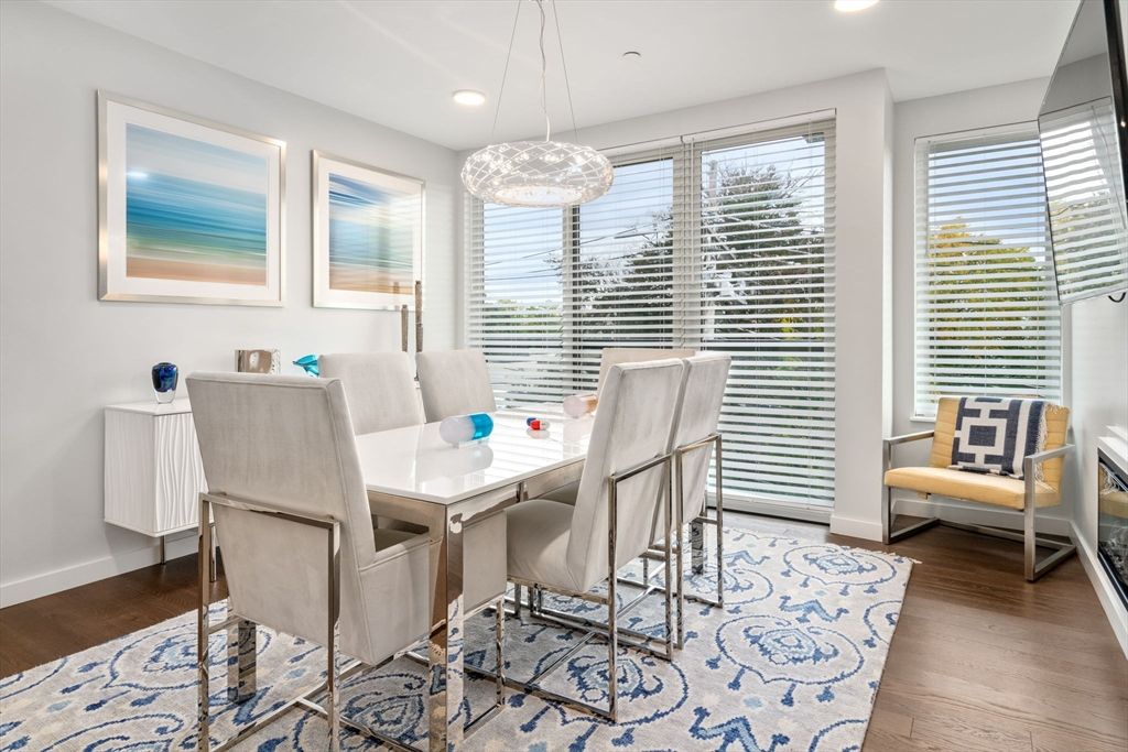 Dining room, Interior, Pendant Lights, Recessed Lighting, Wood Texture Flooring