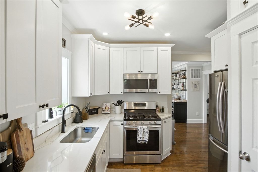 Interior, Kitchen, Pendant Lights, Recessed Lighting, Stainless Steel Appliances, Wood Texture Flooring