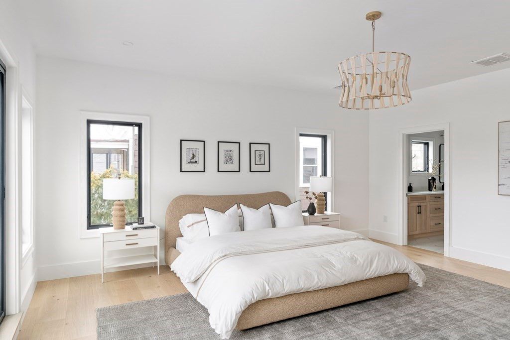 Bedroom, Interior, Pendant Lights, Wood Texture Flooring