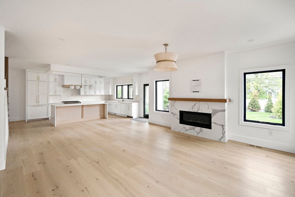 Empty room, Fireplace, Interior, Kitchen, Pendant Lights, Wood Texture Flooring