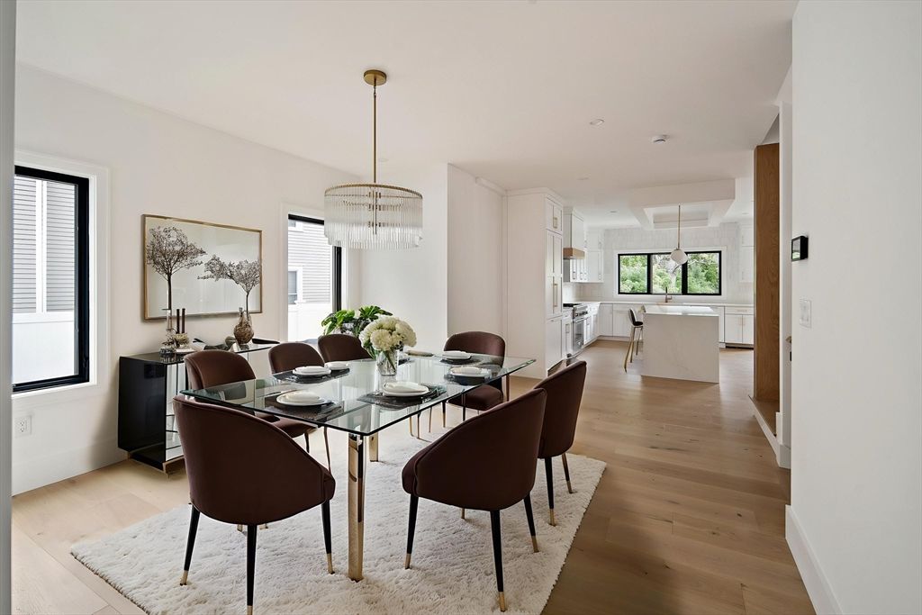 Chandelier, Dining room, Interior, Pendant Lights, Recessed Lighting, Wood Texture Flooring