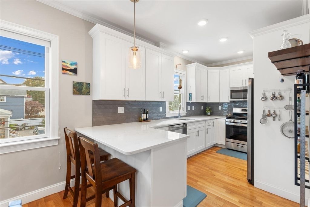 Interior, Kitchen, Pendant Lights, Recessed Lighting, Stainless Steel Appliances, Wood Texture Flooring