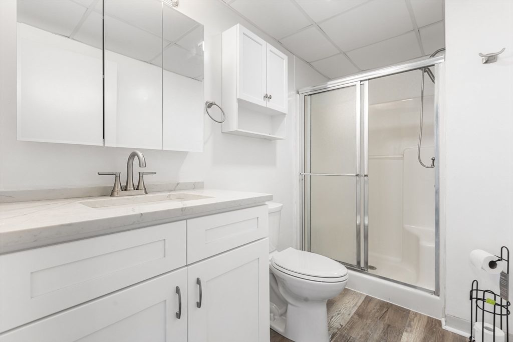 Bathroom, Glass Shower, Interior, Wood Texture Flooring