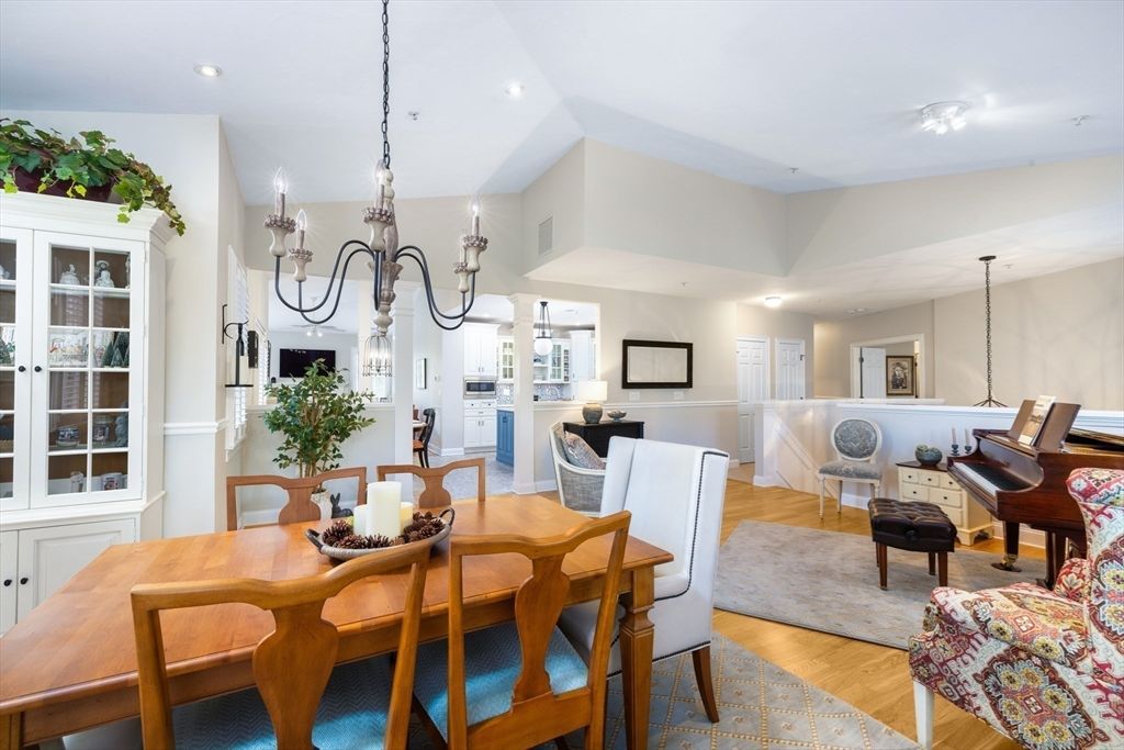Chandelier, Dining room, Interior, Living room, Piano, Recessed Lighting, Wood Texture Flooring