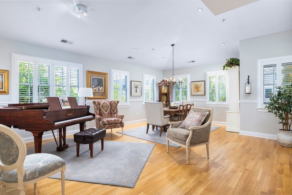 Chandelier, Dining room, Interior, Living room, Pendant Lights, Piano, Recessed Lighting, Wood Texture Flooring
