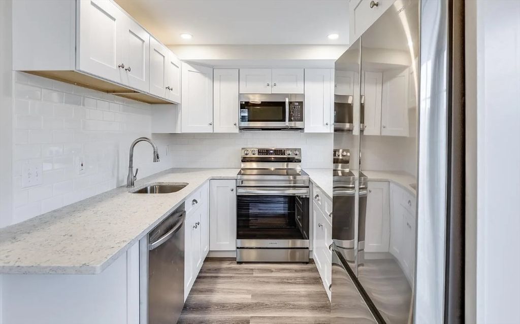 Interior, Kitchen, Recessed Lighting, Stainless Steel Appliances, Wood Texture Flooring