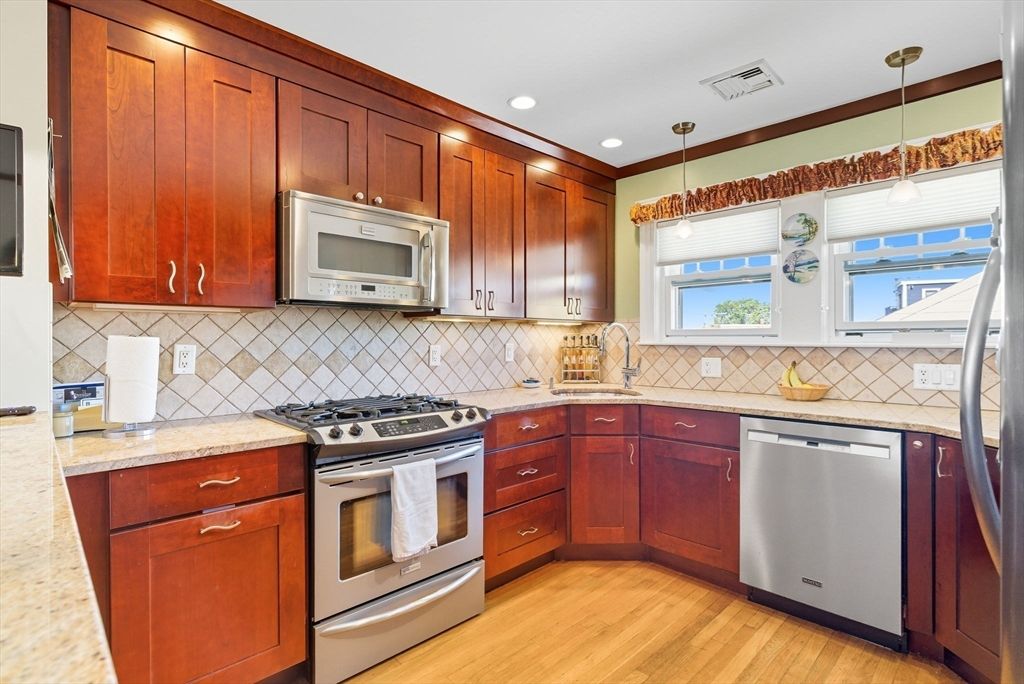 Interior, Kitchen, Pendant Lights, Recessed Lighting, Stainless Steel Appliances, Wood Texture Flooring