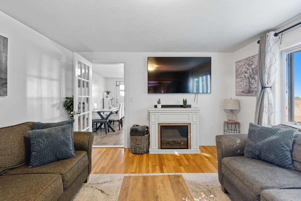Dining room, Fireplace, Interior, Living room, Wood Texture Flooring