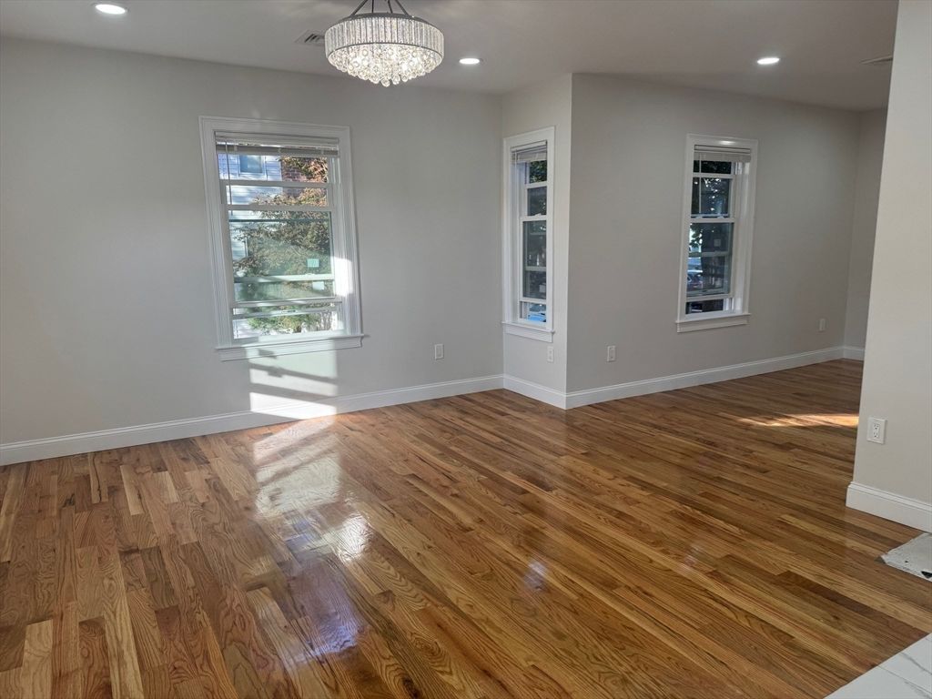 Chandelier, Empty room, Interior, Recessed Lighting, Wood Texture Flooring