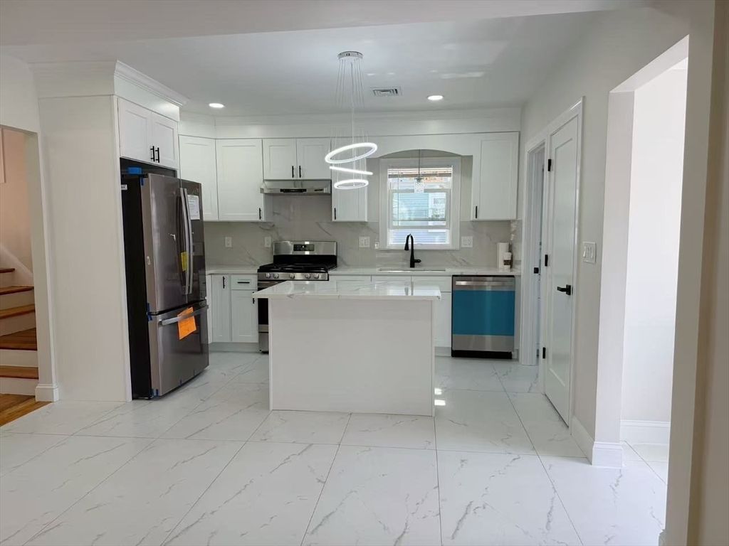 Interior, Kitchen, Marble, Pendant Lights, Recessed Lighting, Stainless Steel Appliances