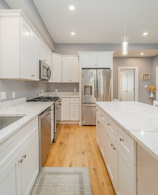 Interior, Kitchen, Pendant Lights, Recessed Lighting, Stainless Steel Appliances, Wood Texture Flooring