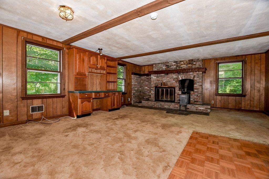 Empty room, Fireplace, Interior, Stone Walls, Wooden Beams, Wood Texture Flooring, Wooden Walls
