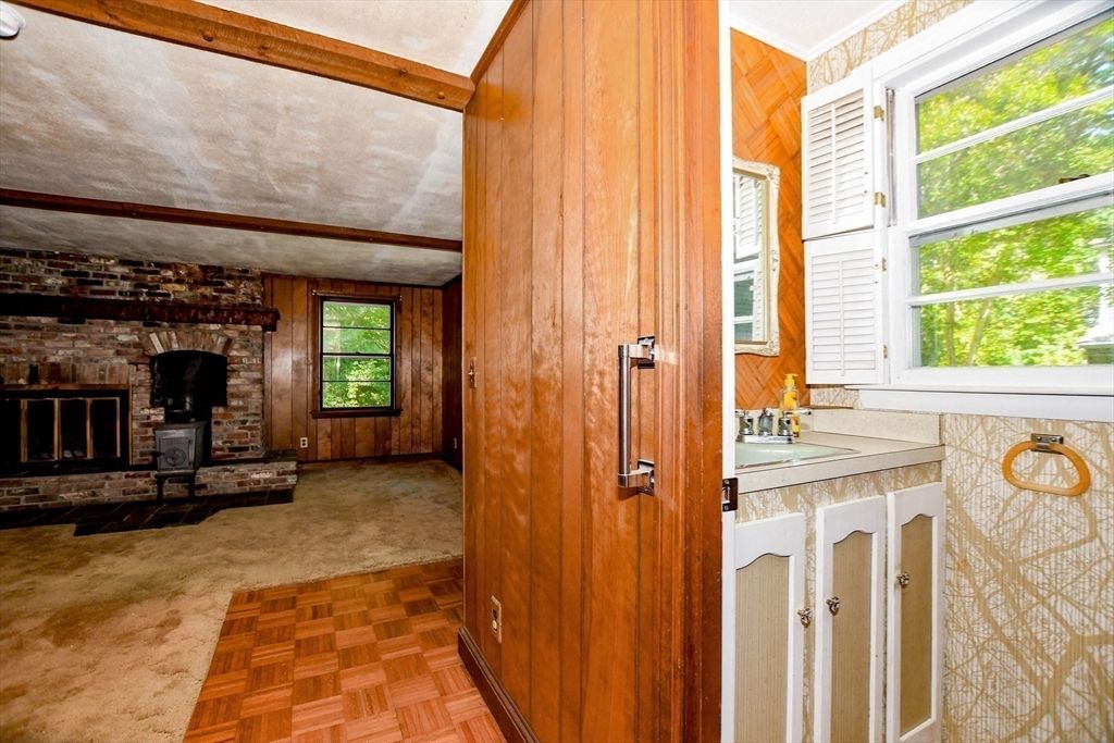 Fireplace, Interior, Stone Walls, Wood Texture Flooring, Wooden Walls