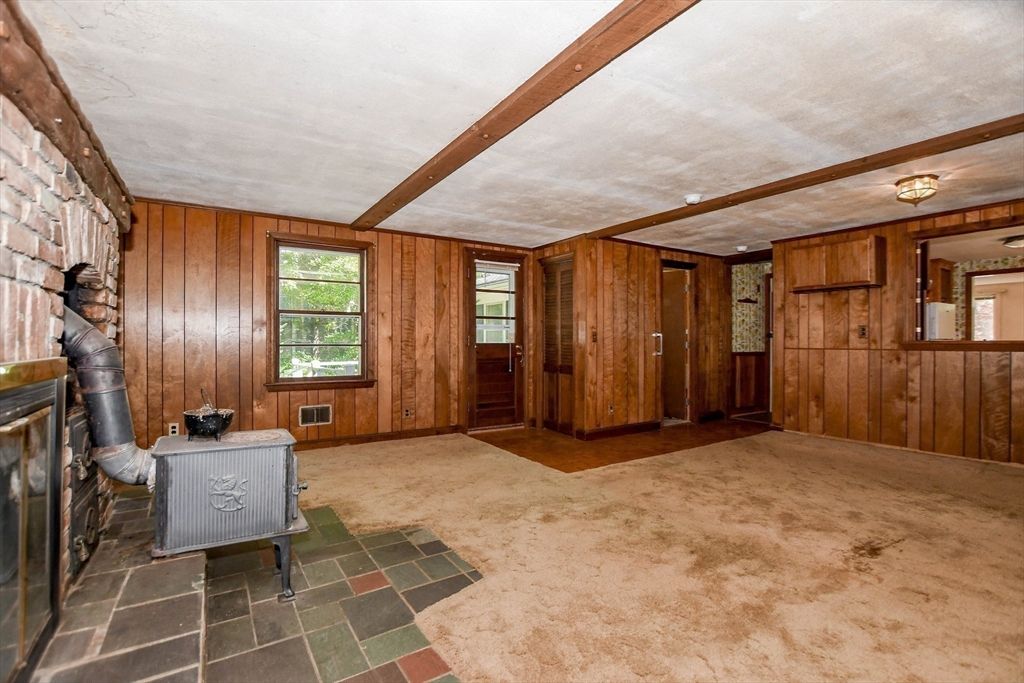 Empty room, Fireplace, Interior, Stone Walls, Wooden Beams, Wooden Walls