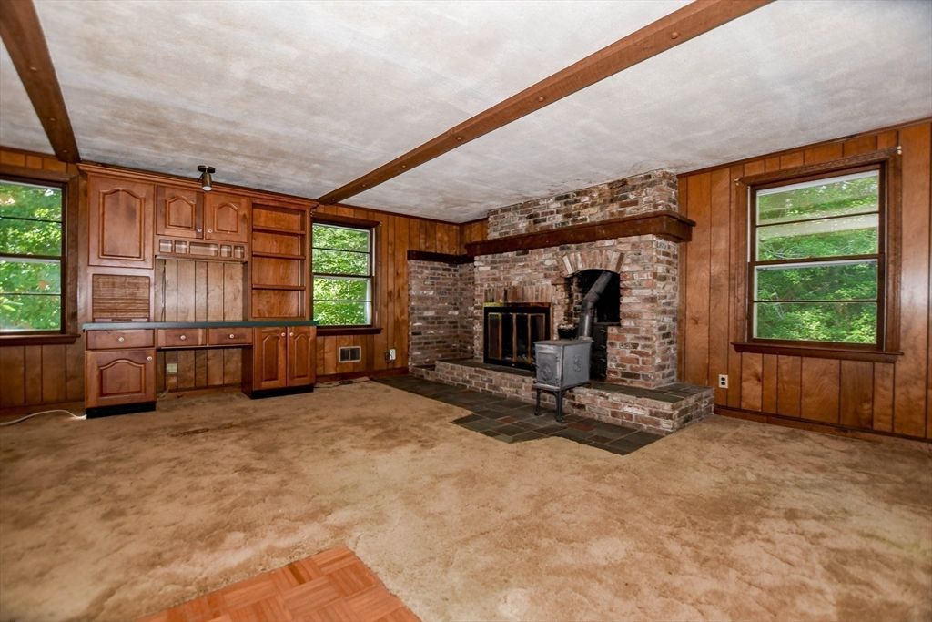 Empty room, Fireplace, Interior, Stone Walls, Wooden Beams