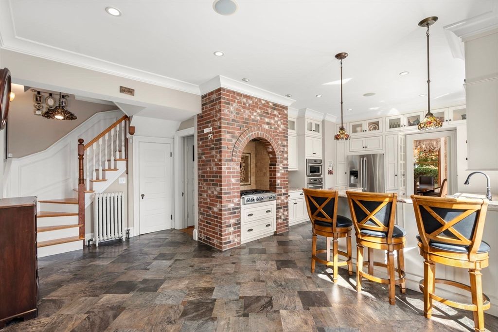 Interior, Kitchen, Pendant Lights, Recessed Lighting, Stainless Steel Appliances, Stone Walls