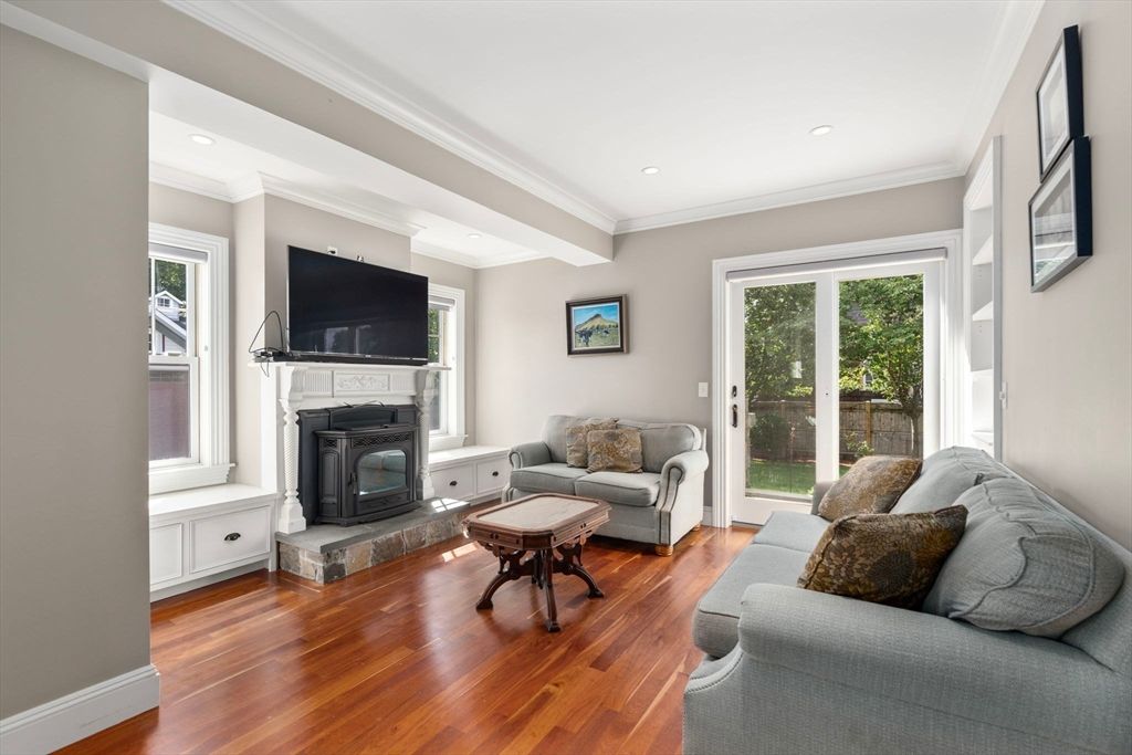 Fireplace, Interior, Living room, Recessed Lighting, Wood Texture Flooring