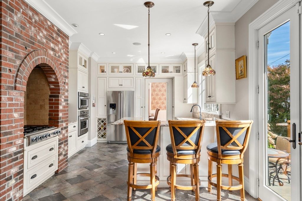 Interior, Kitchen, Pendant Lights, Recessed Lighting, Stainless Steel Appliances, Stone Walls