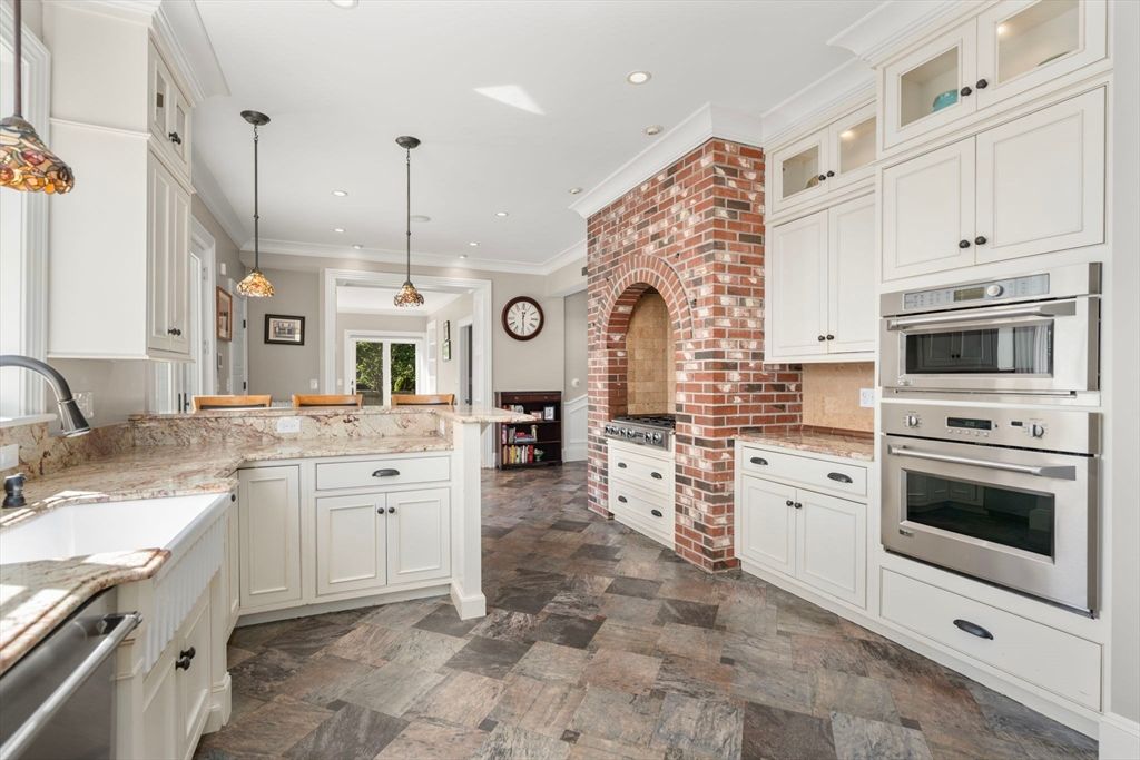 Interior, Kitchen, Pendant Lights, Recessed Lighting, Stainless Steel Appliances, Stone Walls