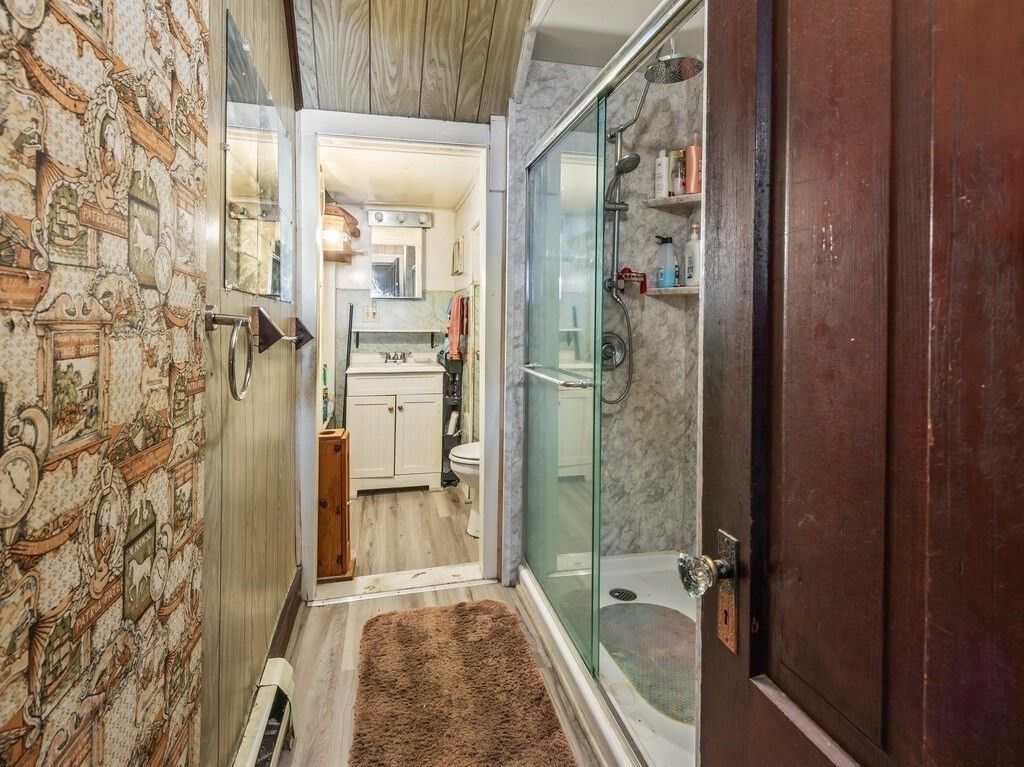 Bathroom, Glass Shower, Interior, Wood Texture Flooring