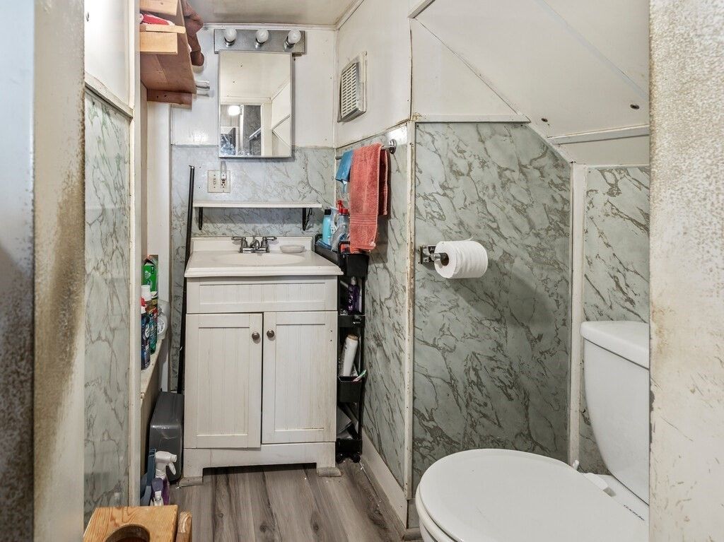 Bathroom, Interior, Marble Walls, Wood Texture Flooring