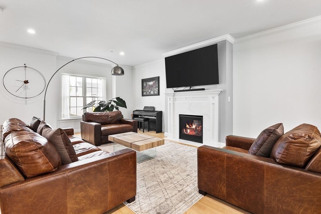 Fireplace, Interior, Living room, Piano, Recessed Lighting, Wood Texture Flooring