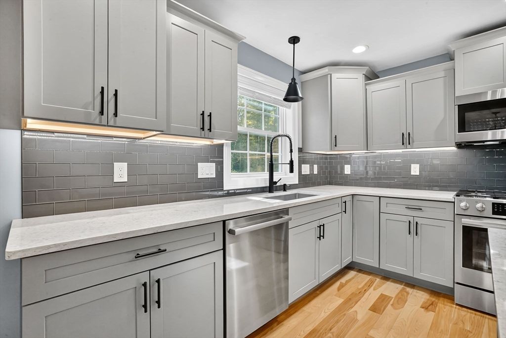 Interior, Kitchen, Pendant Lights, Recessed Lighting, Stainless Steel Appliances, Wood Texture Flooring