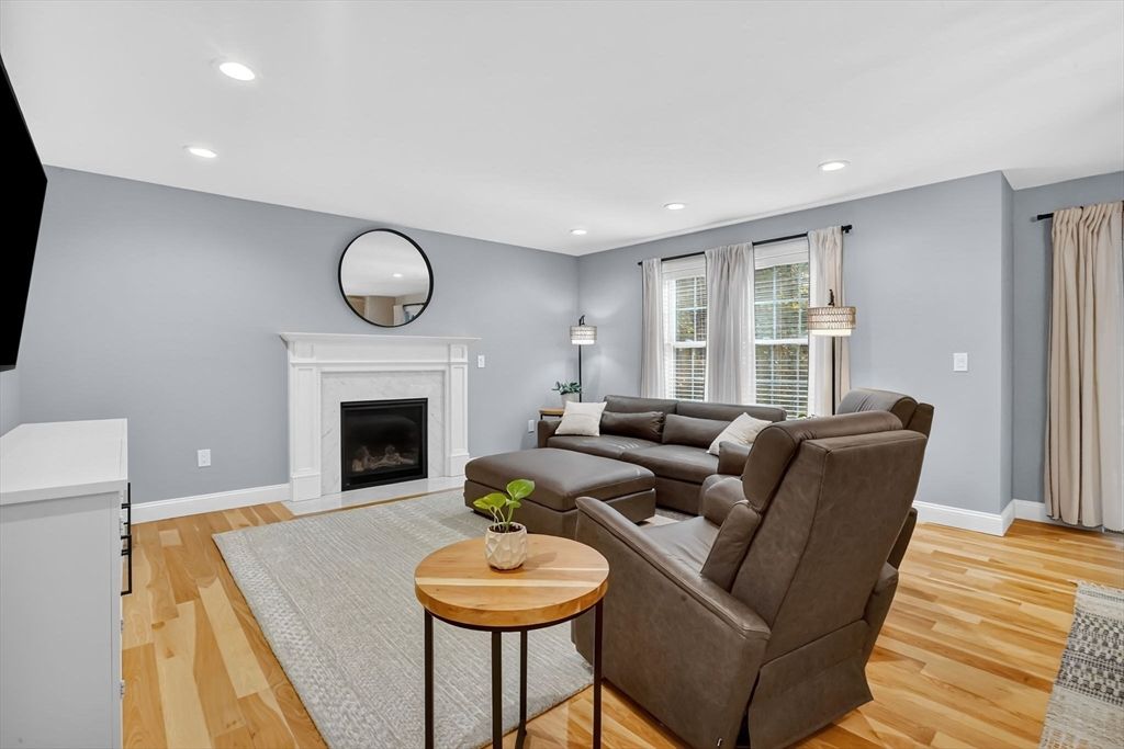 Fireplace, Interior, Living room, Recessed Lighting, Wood Texture Flooring