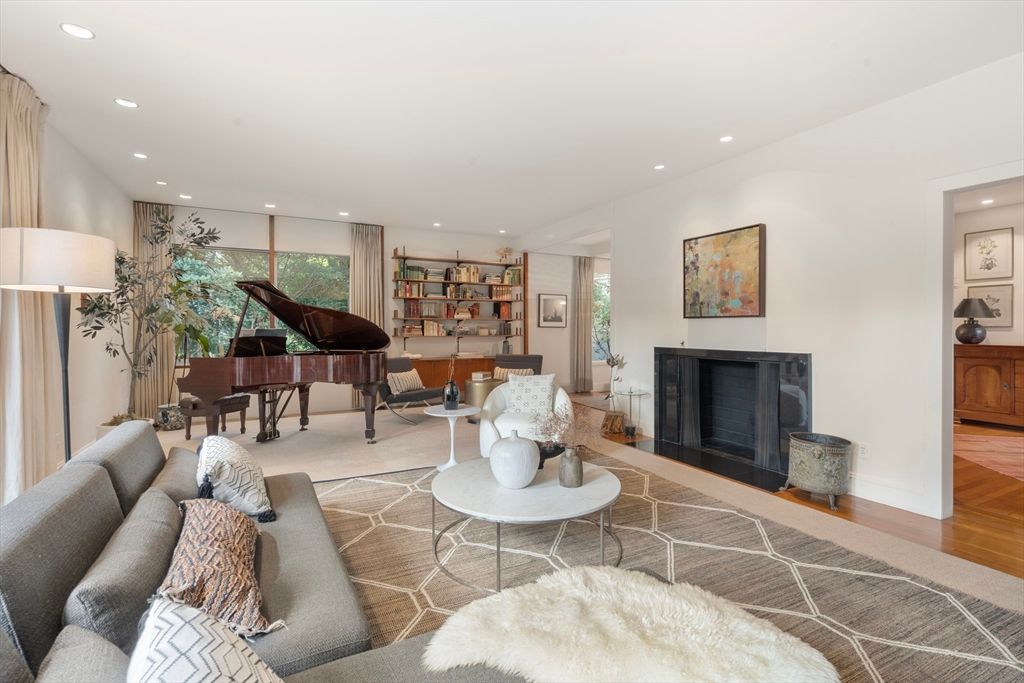 Fireplace, Interior, Living room, Piano, Recessed Lighting, Wood Texture Flooring