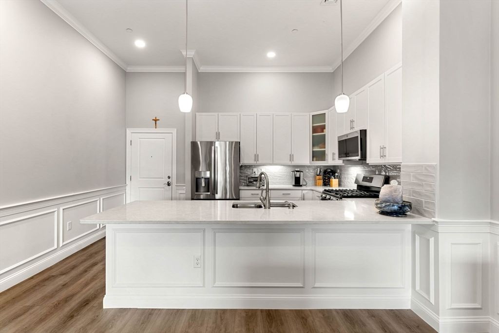 Interior, Kitchen, Pendant Lights, Recessed Lighting, Stainless Steel Appliances, Wood Texture Flooring