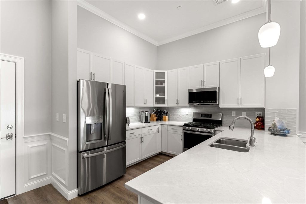 Interior, Kitchen, Pendant Lights, Recessed Lighting, Stainless Steel Appliances, Wood Texture Flooring