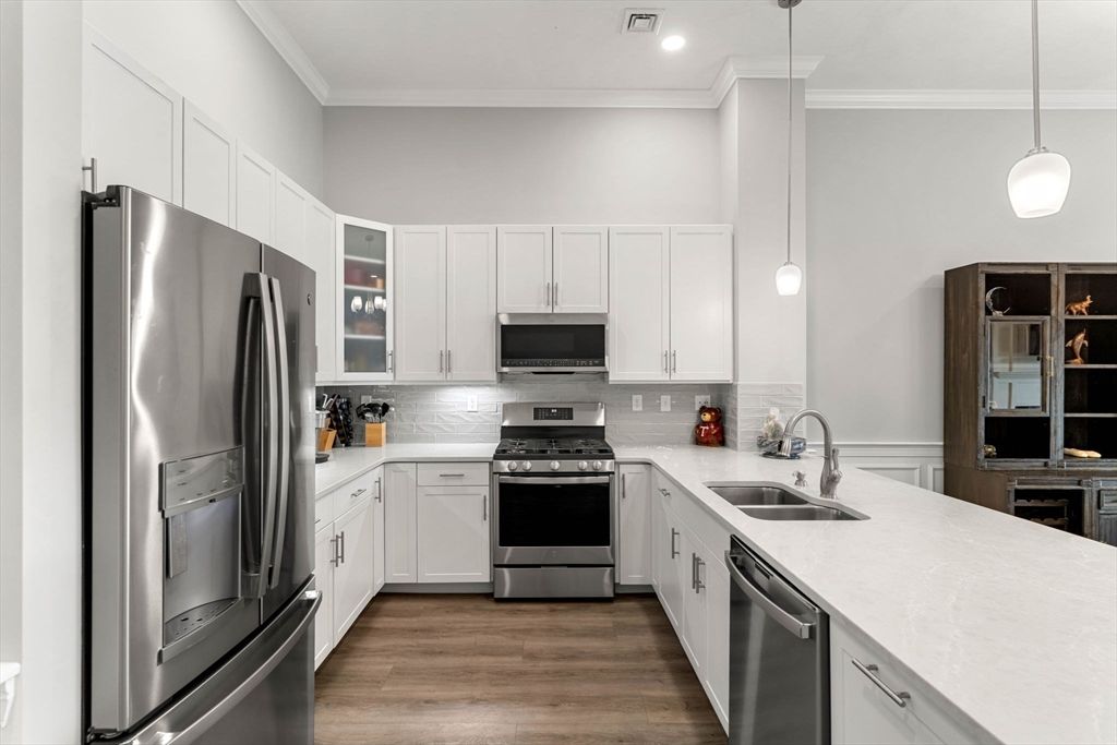 Interior, Kitchen, Pendant Lights, Recessed Lighting, Stainless Steel Appliances, Wood Texture Flooring